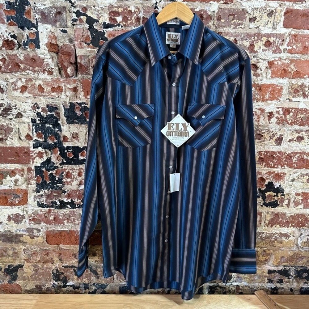 VTG Ely Cattleman Shirt Mens Large Tall Long Sleeve Pocket Western Snap Blue NEW